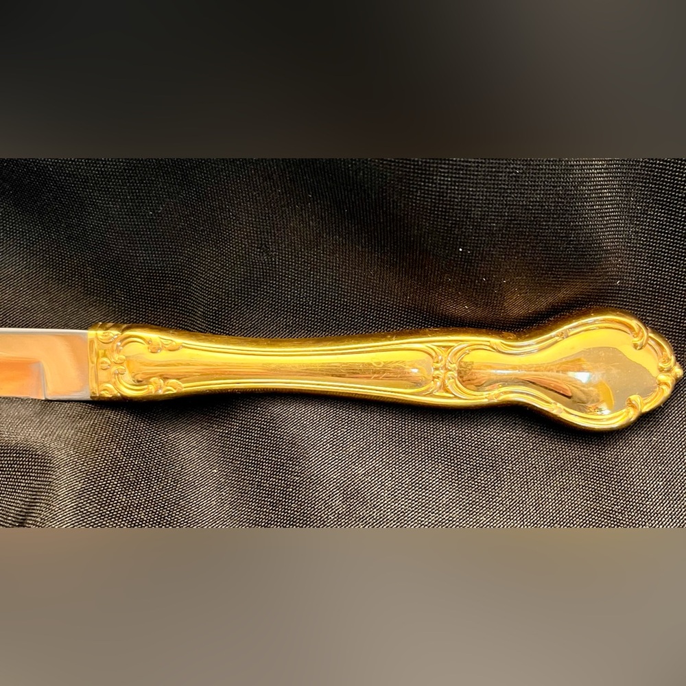 VTG Carvel Hall Gold Carving Set 3pc Mid Century Modern MCM Knife Fork Host Retr - Picture 8 of 12